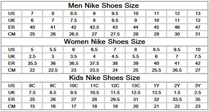men size chart nike
